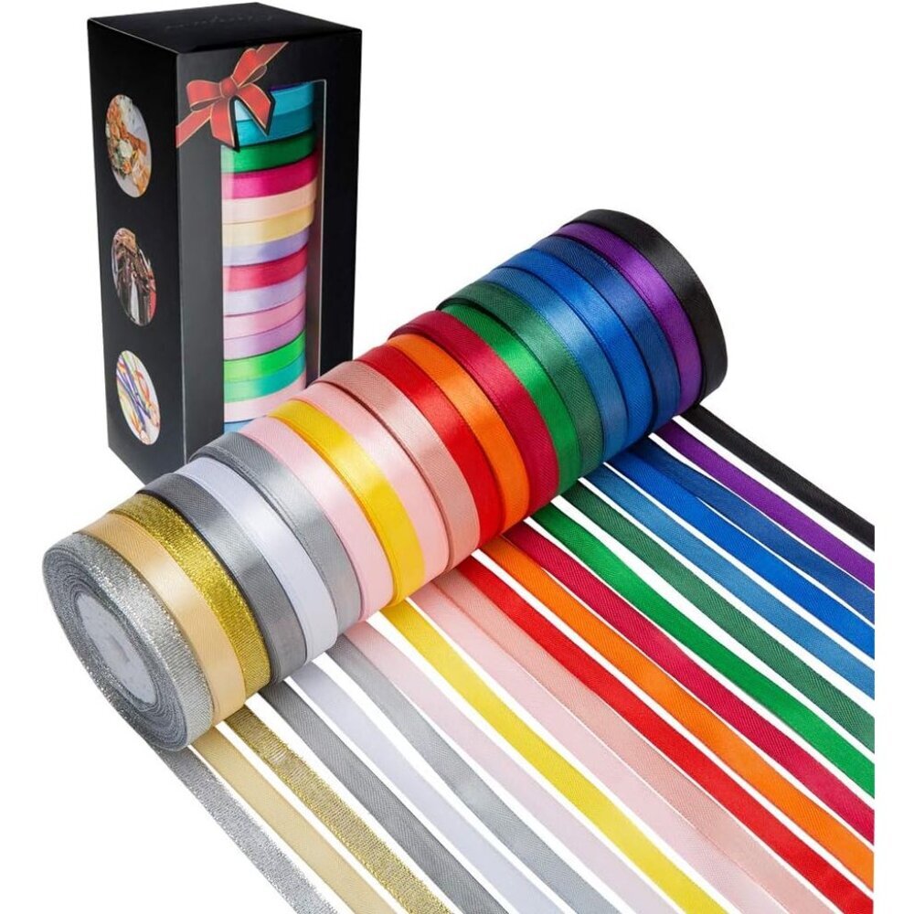 20 Colors 300 Yard Satin Ribbon -18 Silk Ribbon Rolls & 2 Glitter Metallic Ribbo